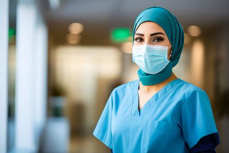 Portrait of muslim female nurse wearing face mask and scrubsの素材