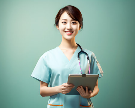 young asian female nurse using tablet computer, isolated on green backgroundの素材