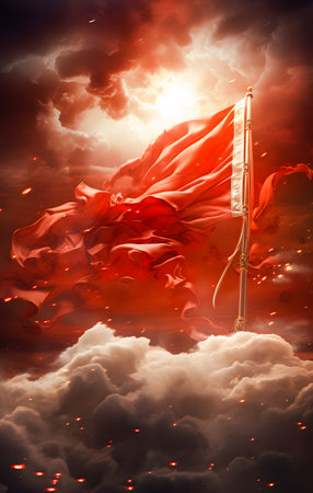 red and white flag in a cloud and smoke in the sky as a background. 3D illustration. Fire and smoke. mobile wallpaperの素材