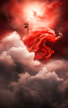 red and white flag in a cloud and smoke in the sky as a background. 3D illustration. Fire and smoke. mobile wallpaperの素材