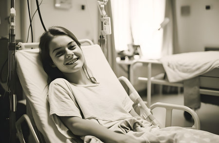 Woman patient smiling, lies on the bed, show confidence in treatment. Concept of believe in treatment And insurance coverageの素材