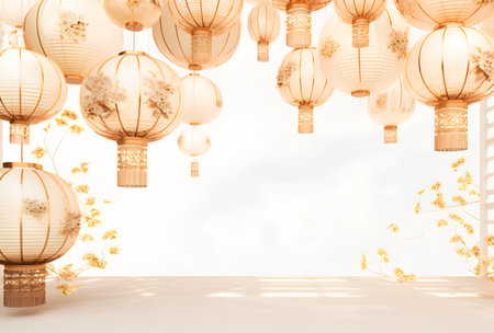 3d rendering chinese lanterns in the white room with flowersの素材