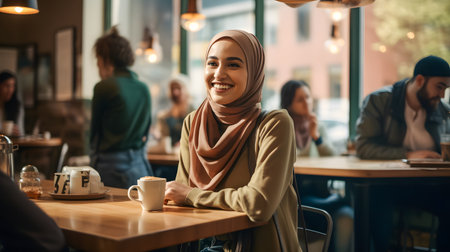 Beautiful muslim woman drinking coffee and smiling while sitting in cafeの素材