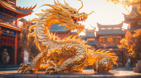 Golden dragon statue in chinese temple, Chiang Mai, Thailandの素材
