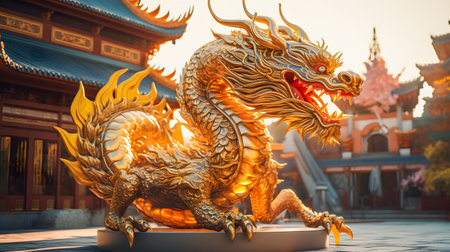 Golden dragon statue at chinese temple in Bangkok,Thailand.の素材