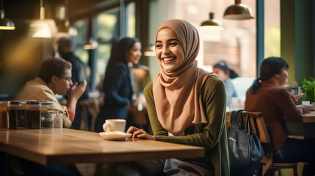 Smiling muslim woman with coffee cup looking at camera while sitting in cafeの素材