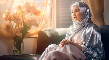 Beautiful muslim woman wearing hijab sitting on the sofa at homeの素材
