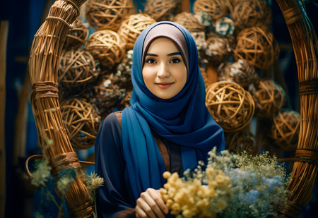 Close up portrait of beautiful young muslim woman with hijab holding basket with dried flowersの素材