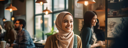 Smiling muslim woman with coffee cup looking at camera while sitting in cafeの素材