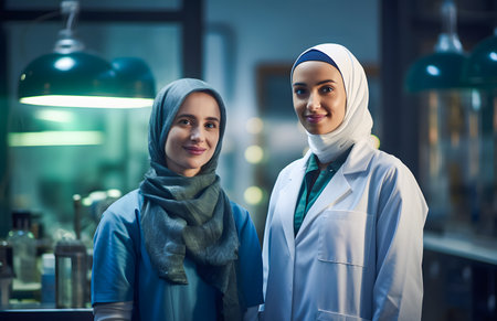 Muslim female scientist in lab coat and hijab looking at camera with smileの素材