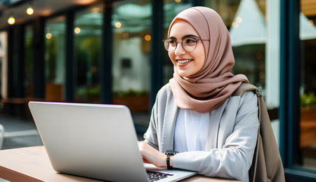 Muslim businesswoman working on laptop in cafe. Young muslim businesswoman wearing eyeglasses and hijab sitting at table with laptop.の素材