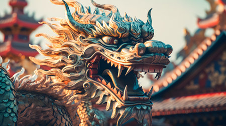 closeup of head Dragon statue in chinese temple, vintage color tone styleの素材