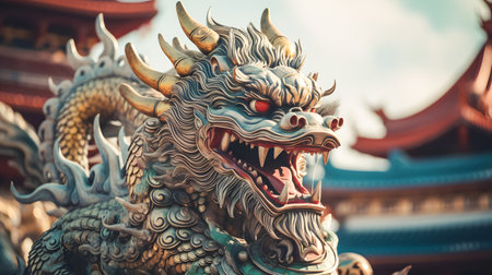 closeup of head Dragon statue in chinese temple, vintage color tone style.の素材