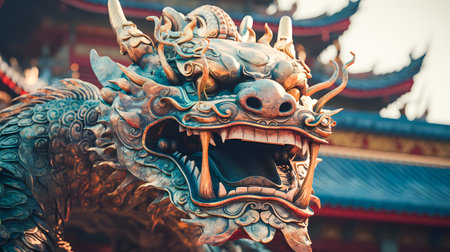 closeup of head Dragon statue in chinese temple, vintage color tone style.の素材