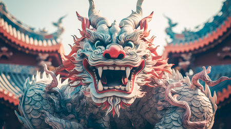 closeup of head Dragon statue in chinese temple, vintage color tone style.の素材