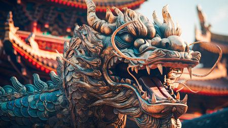 closeup of head Dragon statue in chinese temple, vintage color tone style.の素材