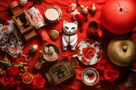 Chinese New Year decorations on red background. Top view, flat layの素材