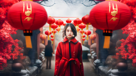 Beautiful asian woman in red dress with red lanterns.の素材