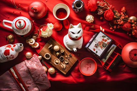 Chinese New Year still life with a white cat and a red backgroundの素材