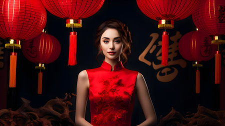 beautiful asian woman in chinese new year dress with red lanternsの素材