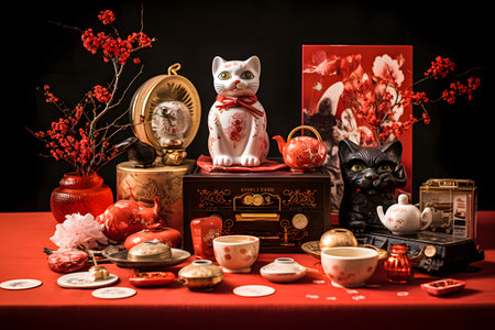 Chinese New Year decoration with lucky cat, red lanterns, firecrackers and tea cupsの素材