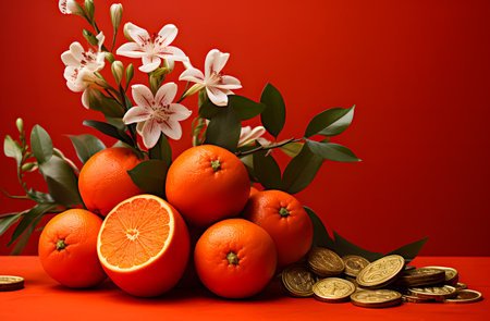 Oranges with leaves and flowers on a red background. The concept of wealth and prosperity.の素材