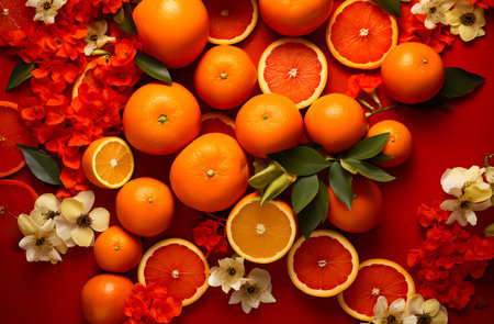 Oranges and flowers on red background. Flat lay, top view.の素材