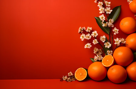 Fresh oranges and flowers on a red background. Copy space for text.の素材