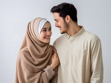 Hijab couple embracing and looking at each other on white backgroundの素材