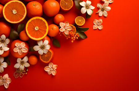Oranges with flowers and leaves on red background. Top view.の素材