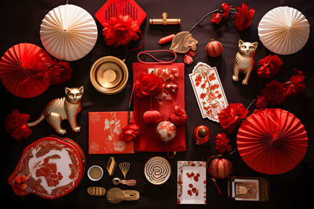Chinese New Year decoration with red envelopes, golden ingots, paper lanterns, gold ingots on dark backgroundの素材