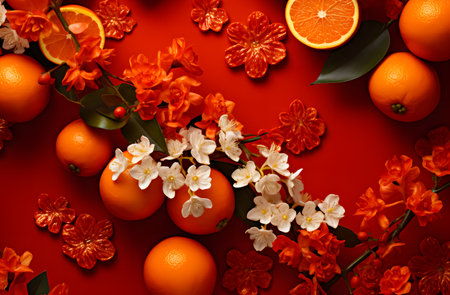 Creative layout made of oranges and flowers on a red background.の素材