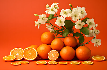Oranges and white flowers on a orange background. Toned.の素材