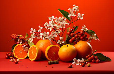 Oranges, berries and leaves on a red background with copy spaceの素材
