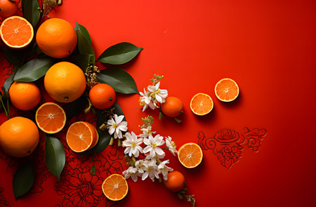 Oranges and flowers on a red background. Flat lay, top view.の素材