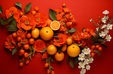 Orange, berries and flowers on red background. Flat lay, top viewの素材