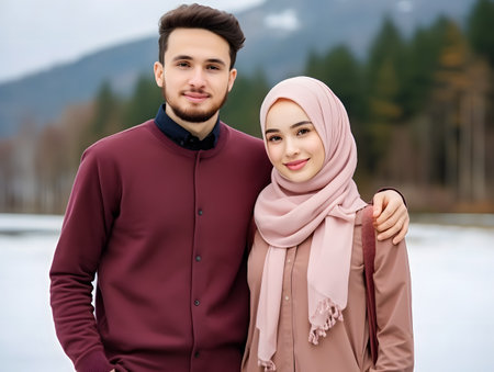 hijab couple in love walking in the winter in the mountainsの素材