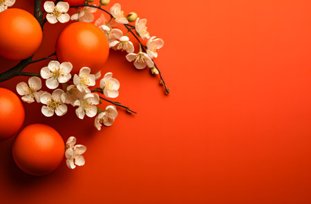 Easter eggs and spring flowers on a red background. Copy space.の素材