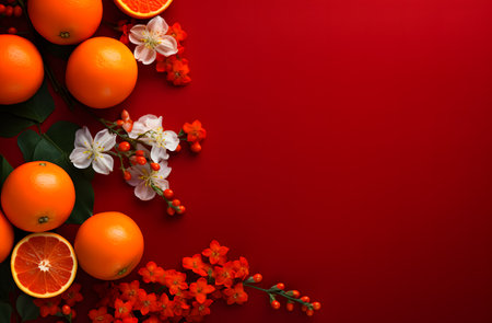 Oranges and flowers on red background. Flat lay, top viewの素材