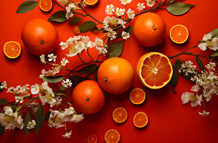 Oranges and flowers on red background. Flat lay, top view.の素材