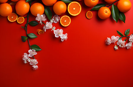 Oranges with leaves and flowers on red background. Flat lay, top viewの素材