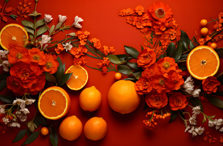 Flower arrangement with orange and berries on red background. Flat lay, top view.の素材