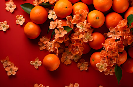 Tangerines and flowers on red background. Flat lay, top viewの素材