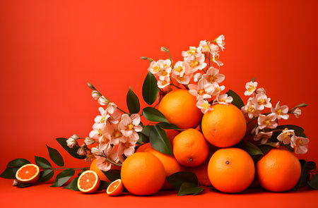 Oranges and flowers on a red background. Citrus fruits.の素材