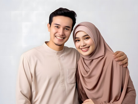 Hijab couple smiling at camera on white background. Muslim family conceptの素材