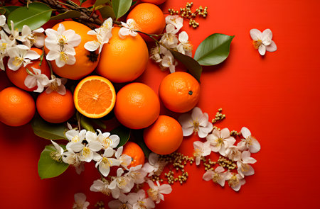 Oranges and flowers on red background. Top view with copy spaceの素材