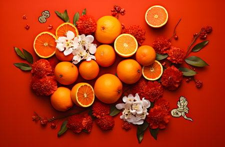 Oranges and flowers on red background. Flat lay, top view.の素材