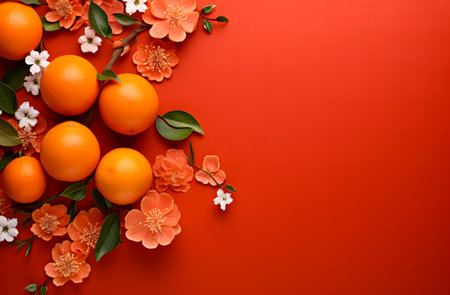 Orange fruits and flowers on red background. Top view with copy spaceの素材