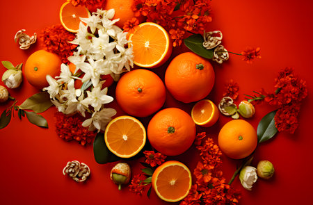 Oranges and flowers on red background. Flat lay, top view.の素材