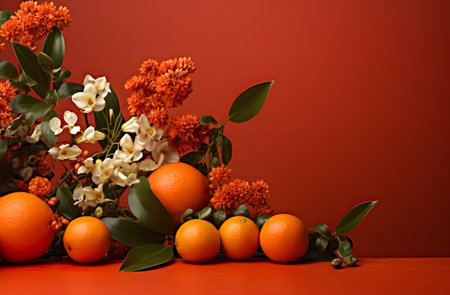 Oranges and flowers on a red background with copy space. Still lifeの素材
